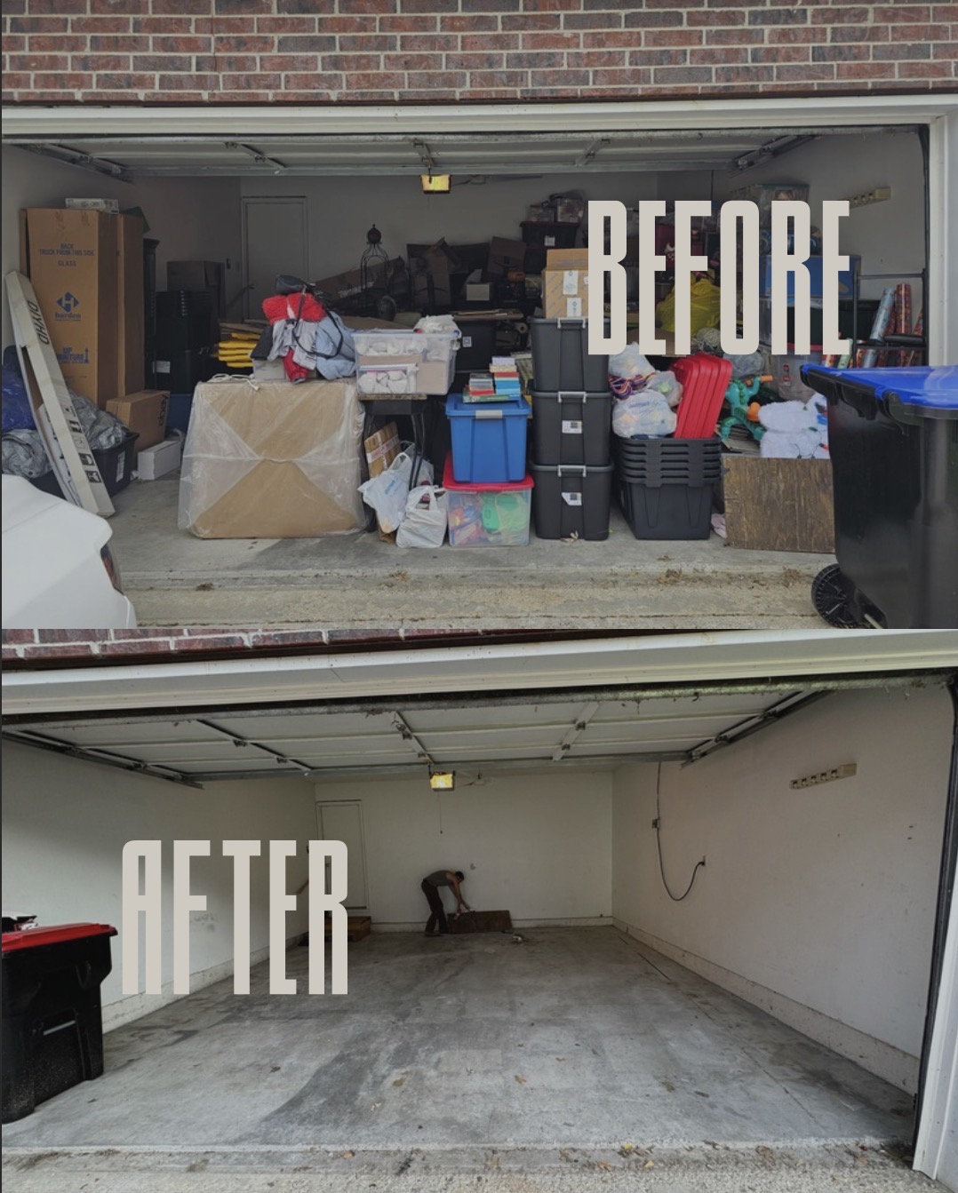 Garage cleanout before and after - Little Fellas Moving transformed this cluttered Kansas City garage into a clean, empty space